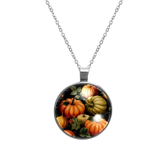 Thanksgiving Pumpkin Women's Glass Design Circular Pendant Necklace - Sparkle and Shine with this Elegant Necklace