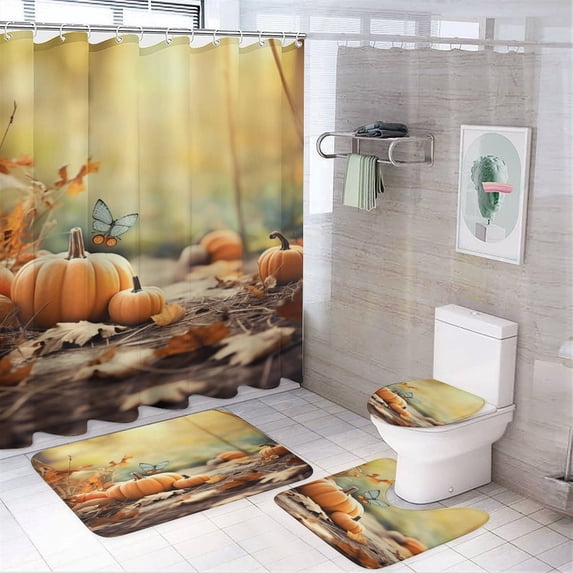 Thanksgiving Pumpkins 4 Piece Shower Curtain Sets, Non-Slip Rugs, Toilet Lid Cover And Bath Mat, for Bathroom Decor Set, 72" X 72"
