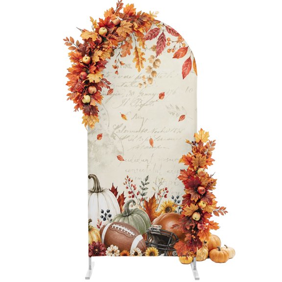 Thanksgiving Pumpkins Arch Backdrop Cover 6.6FT, Fall Flowers Harvest Football Spandex Fitted Stretchy Arch Stand Covers, Round Top Chiara Backdrop Cover for Wedding Party Birthday Baby Shower