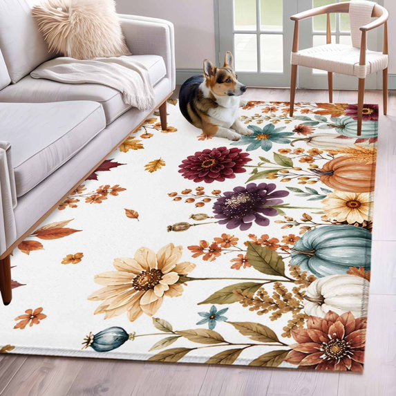 Thanksgiving Pumpkins Area Rug 4'x6', Fall Maple Leaves Harvest Wildflowers Washable Non-Slip Rugs, Low Pile Large Carpet for Living Room Bedroom Dining Room Kitchen Office Indoor Mat