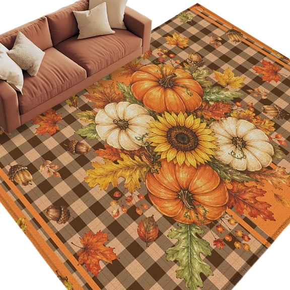Thanksgiving Pumpkins Area Rug 5x8 Washable Rug Non Slip Fall Maple Leaf Botanical Plaid Orange Large Area Rug Soft Stainresistant Indoor Floor Carpet for Living Room Bedroom Office Dining Room