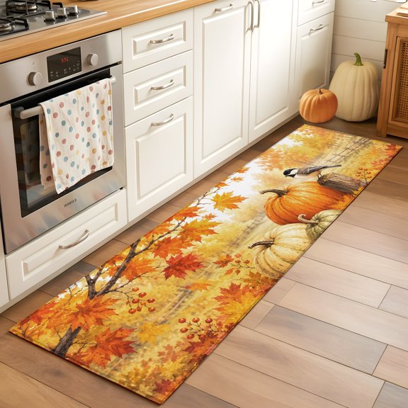 Thanksgiving Pumpkins Autumn Maple Leaves Orange Rectangle Area Rug 2x6ft,Living Room Rug Non-Slip Washable Circle Rugs Pad,Farm Bird Soft Floor Carpet for Bedroom Dining Room