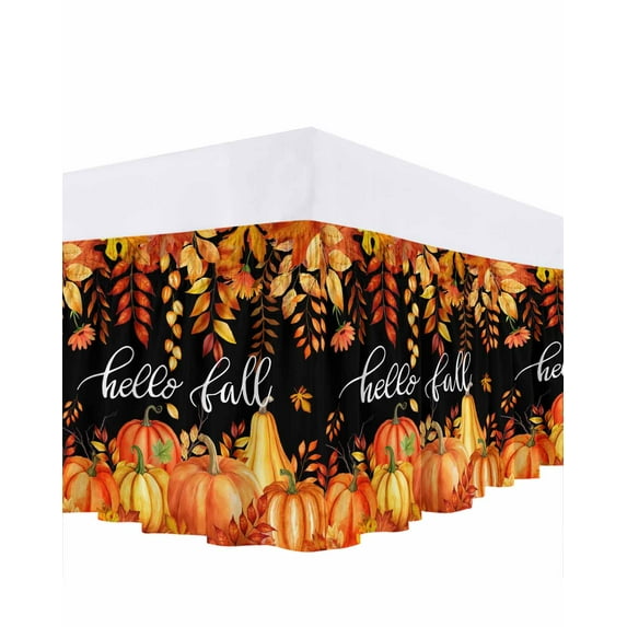 Thanksgiving Pumpkins Bed Skirt Farmhouse Leaves Hello Fall Bed Skirts King Size 18 Inch Drop, Wrap Around Dust Ruffle Bedskirt with Adjustable Elastic Belt for Queen Size Beds
