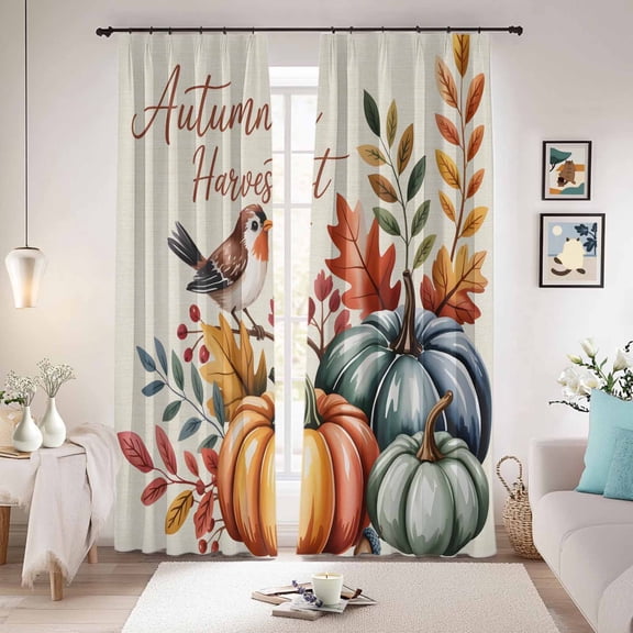 Thanksgiving Pumpkins Blackout Curtains for Bedroom/Living Room, Pinch Pleated Black Out Curtains, Fall Leaves Autumn Country Bird Room Darkening Window Drapes with Hooks 2 Panels, 39"x70"