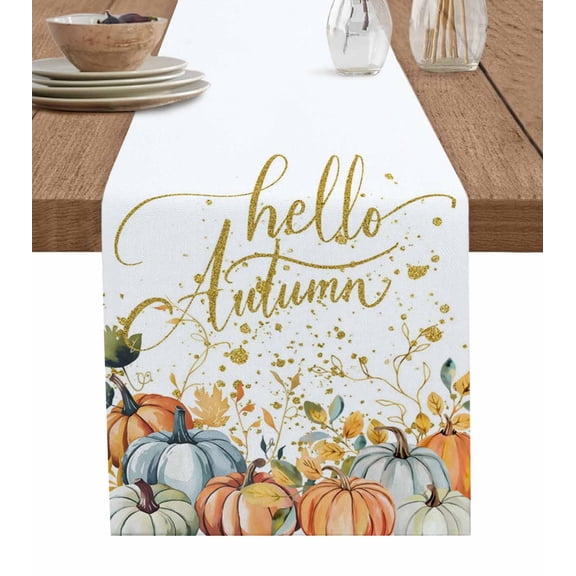 Thanksgiving Pumpkins Burlap Cotton Table Runner 13x120 Inches Long, Fall Leaves Autumn Pastoral Country Farmhouse Table Runners, Outdoor Dining Tablecloths Decor for Baby Shower/Party/Wedding
