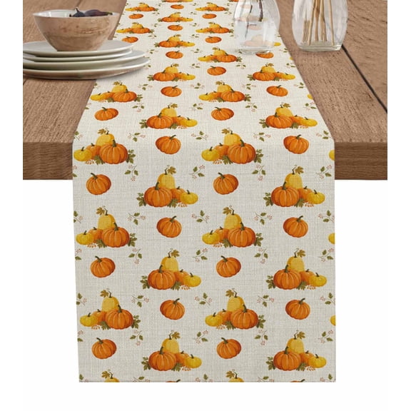 Thanksgiving Pumpkins Burlap Cotton Table Runner 13x36 Inches Short, Fall Leaves Orange Pastoral Rustic Farmhouse Table Runners, Outdoor Dining Tablecloths Decor for Baby Shower/Party/Wedding
