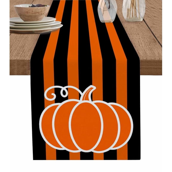 Thanksgiving Pumpkins Burlap Cotton Table Runner 13x36 Inches Short, Fall Orange Stripes Farmhouse Farmhouse Table Runners, Outdoor Dining Tablecloths Decor for Baby Shower/Party/Wedding