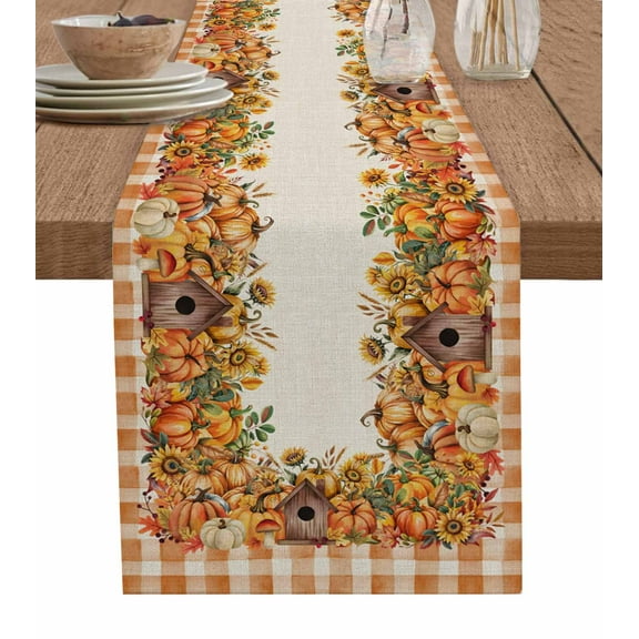 Thanksgiving Pumpkins Burlap Cotton Table Runner 13x60 Inches Long, Fall Sunflowers Chalet Country Farmhouse Table Runners, Outdoor Dining Tablecloths Decor for Baby Shower/Party/Wedding