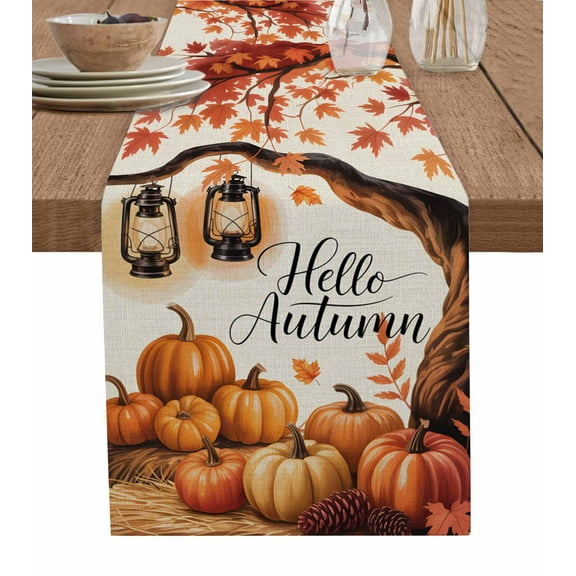 Thanksgiving Pumpkins Burlap Cotton Table Runner 13x72 Inches Long, Fall Orange Maple Leaves Rustic Farmhouse Table Runners, Outdoor Dining Tablecloths Decor for Baby Shower/Party/Wedding