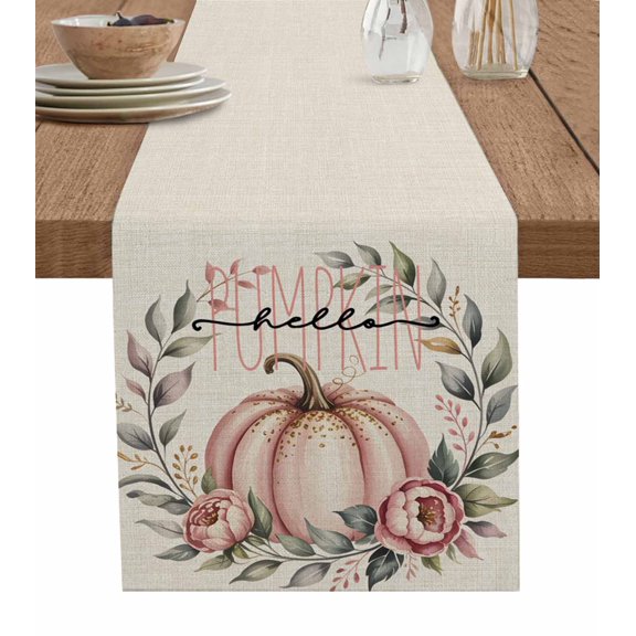 Thanksgiving Pumpkins Burlap Cotton Table Runner 16x72 Inches Long, Fall Eucalyptus Leaves Retro Country Farmhouse Table Runners, Outdoor Dining Tablecloths Decor for Baby Shower/Party/Wedding