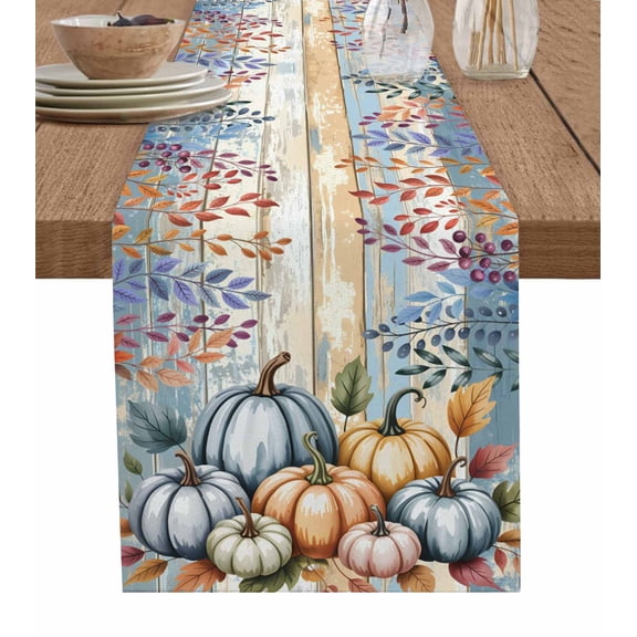 Thanksgiving Pumpkins Burlap Cotton Table Runner 18x72 Inches Long, Fall Eucalyptus Leaves Wooden Rustic Farmhouse Table Runners, Outdoor Dining Tablecloths Decor for Baby Shower/Party/Wedding