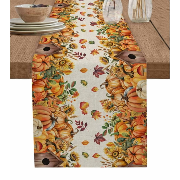 Thanksgiving Pumpkins Burlap Cotton Table Runner 18x72 Inches Long, Fall Leaves Vintage Flowers Country Farmhouse Table Runners, Outdoor Dining Tablecloths Decor for Baby Shower/Party/Wedding