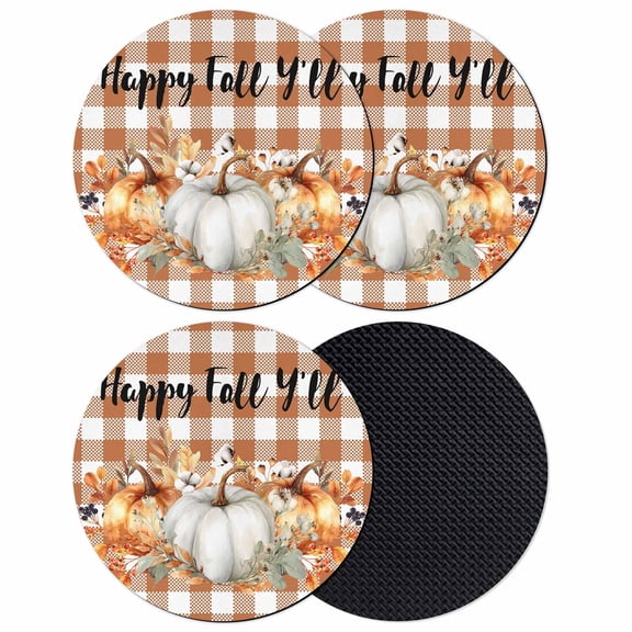 Thanksgiving Pumpkins Coasters Set of 4, Absorbent Coasters for Drinks, Fall Harvest Botanical Floral Plaid Coaster for Desk Coffee Table Protection, Home Decor House Warming Gifts 4"