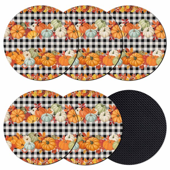 Thanksgiving Pumpkins Coasters Set of 6, Absorbent Coasters for Drinks, Fall Orange Maple Farmhouse Check Coaster for Desk Coffee Table Protection, Home Decor House Warming Gifts 4"
