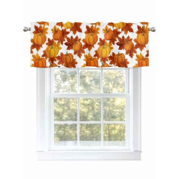 Thanksgiving Pumpkins Curtain Valances for Windows, Fall Maple Leaves Window Valances, Window Treatment Rod Pocket Valance Curtains for Living Room/Kitchen/Bedroom/Bathroom, 54x18inch