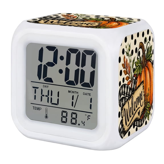 Thanksgiving Pumpkins Digital Alarm Clock for Bedrooms,Smart LED Alarm Clock with 7 Color Changing Night Light,Fall Botanical Black Polka Dots Silent Wake Up Clocks for Sleep Study Cooking 3.2"x3.2"