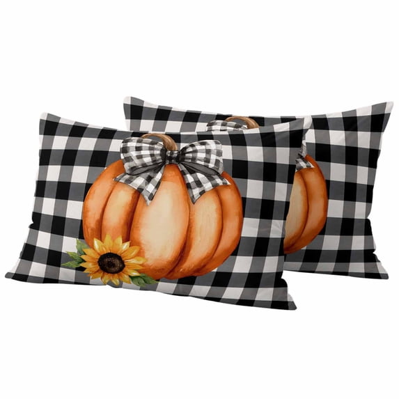 Thanksgiving Pumpkins Fall Outdoor Waterproof Pillow Covers, Black Plaid Sunflower Decorative Rectangle Throw Pillowcase Sofa Cushion Sham for Patio/Couch/Chair, 20"x12" 2 Pack
