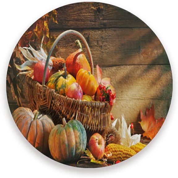 Thanksgiving Pumpkins and Falling Leaves Coasters for Drinks,Marble Absorbent Tabletop Protection Mat, Round Ceramic Stone Coaster with Cork Base 1 PCS Home Decor