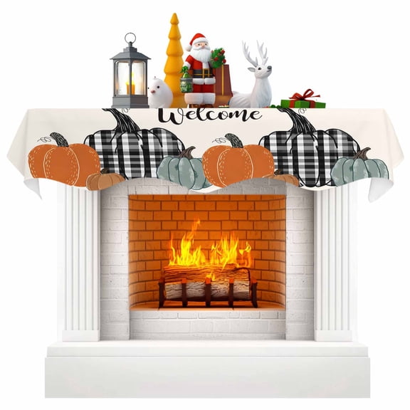 Thanksgiving Pumpkins Fireplace Mantel Scarf Table Runner, Autumn Harvest Pumpkin Fall Winter Garland Mantel Top Tablerunners Dresser Scarves Cover Decorations for Windows Party Living Room 60"x17"