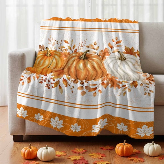 Thanksgiving Pumpkins Fleece Throw Blanket Orange White Fall Maple Leaf Striped Ultra Soft Fuzzy Cozy Flannel Throw Blanket for Couch Sofa Bed Car Travel, Ideal Gifts 30x40 Inches