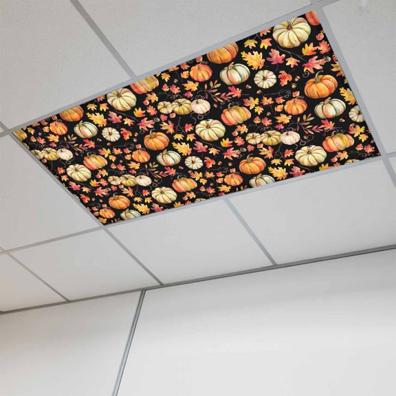 Thanksgiving Pumpkins Fluorescent Light Covers, Fall Maple Leaves Black Retro Country Magnetic Light Covers for Ceiling Lights, Fluorescent Ceiling Shade for Classroom Bedroom Office 4x2Ft x 1PCS