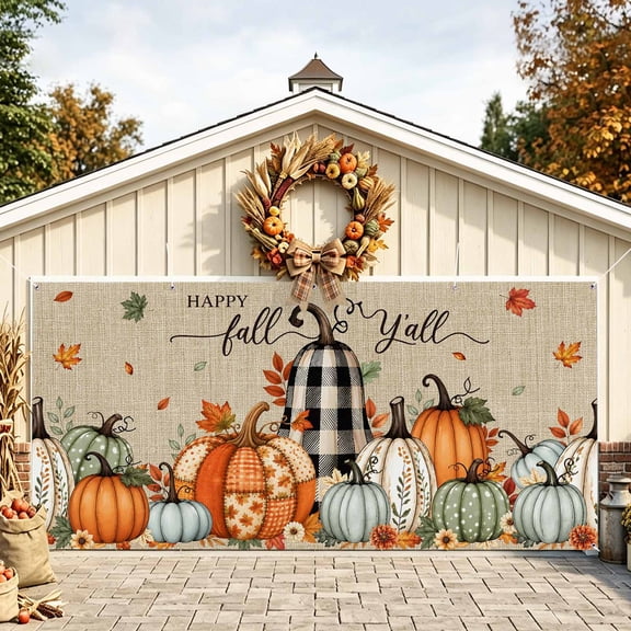 Thanksgiving Pumpkins Garage Door Banner 6.9x8 Ft, Fall Plaid Autumn Leaves Retro Brown Outdoor Garage Door Cover for Holiday Party, Hanging Banner Backdrop Decoration Wall Decor Flag