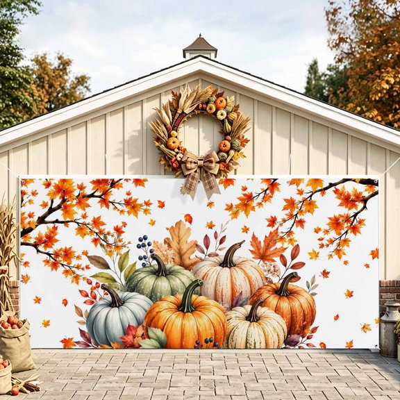 Thanksgiving Pumpkins Garage Door Banner 6.9x8 Ft, Vintage Fall Botanical Tree Autumn Outdoor Garage Door Cover for Holiday Party, Hanging Banner Backdrop Decoration Wall Decor Flag