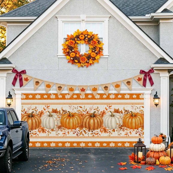 Thanksgiving Pumpkins Garage Door Banner Covers, Orange Fall Maple Leaf Striped Linen Large Hanging Indoor/Outdoor Backdrop Background for Christmas Winter Party Decor, 6x13ft