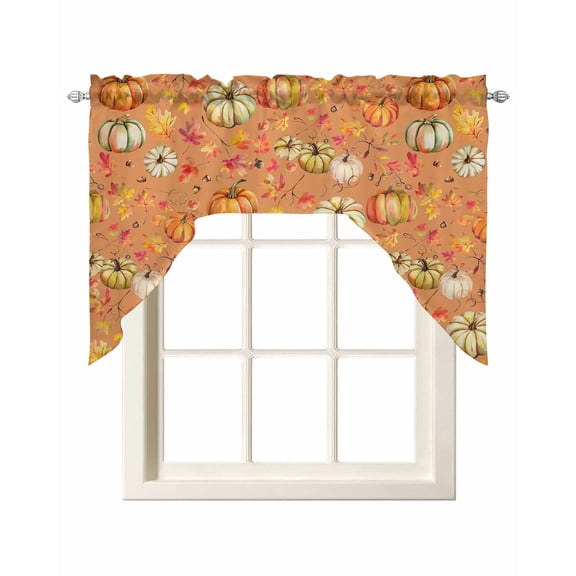 Thanksgiving Pumpkins Kitchen Swag Valances for Windows, Fall Orange Maple Leaves Vintage Swag Valances Curtains for Living Room, Rod Pocket Window Treatments for Bathroom, Bedroom, Cafe, 56"x36"