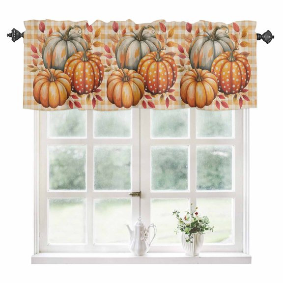 Thanksgiving Pumpkins Kitchen Valances for Windows 42x12 Inch Kitchen Curtains Valances Rod Pocket Fall Leaves Rustic Autumn Plaid Bathroom Window Valances for Window Treatment Decor