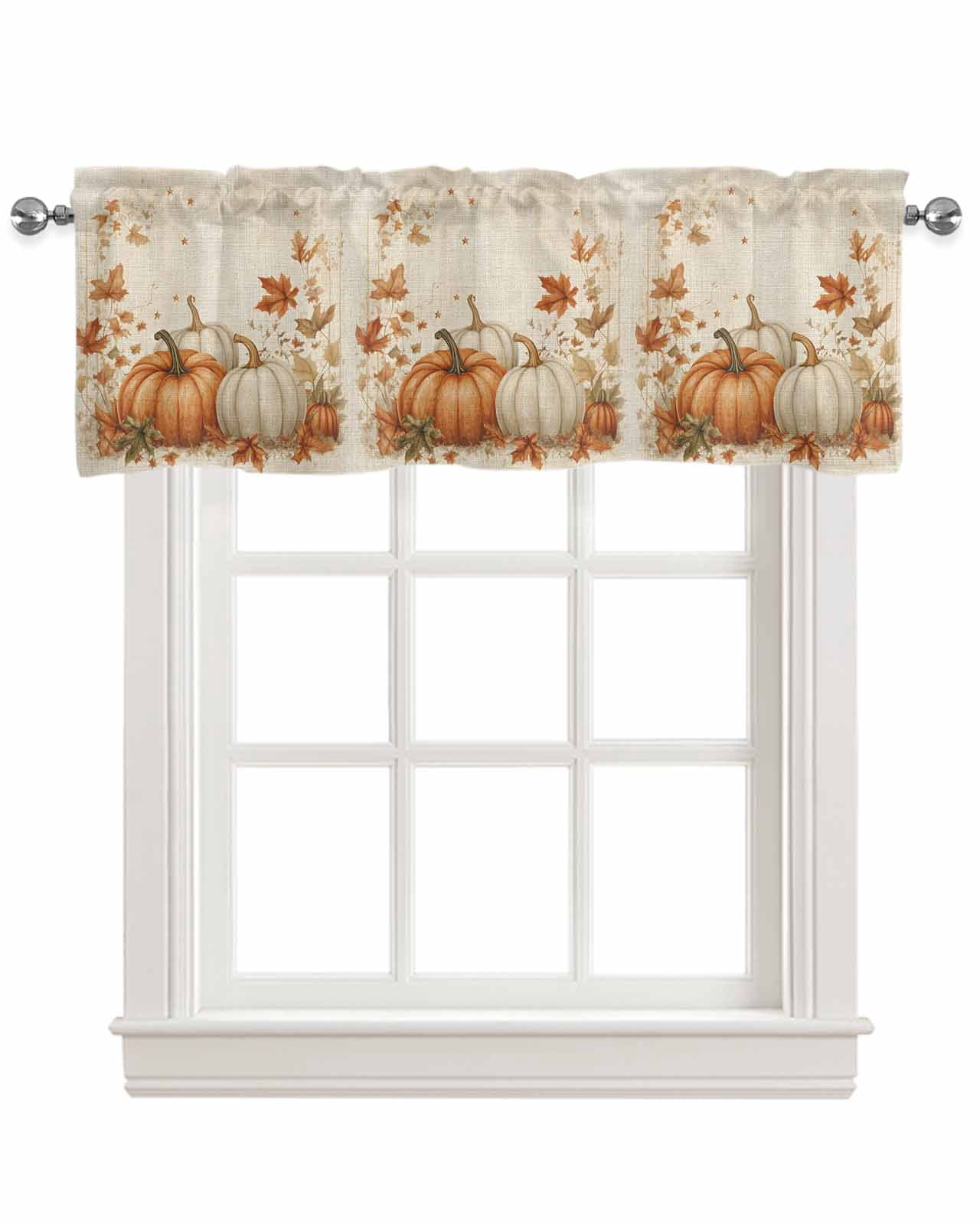 Thanksgiving Pumpkins Kitchen Valances for Windows Farmhouse Linen Window Valance Curtain for Living Room Window Treatment Fall Maple Leaves Rustic Vintage Valance Rod Pocket Topper, 60 x 18 Inch