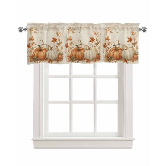 Thanksgiving Pumpkins Kitchen Valances for Windows Farmhouse Linen Window Valance Curtain for Living Room Window Treatment Fall Maple Leaves Rustic Vintage Valance Rod Pocket Topper, 42 x 12 Inch