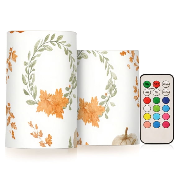 Thanksgiving Pumpkins Leaf Circle Flickering Flameless Candles LED Tealight Battery Operated with Remote Set of 2 Holiday Decor Ornaments