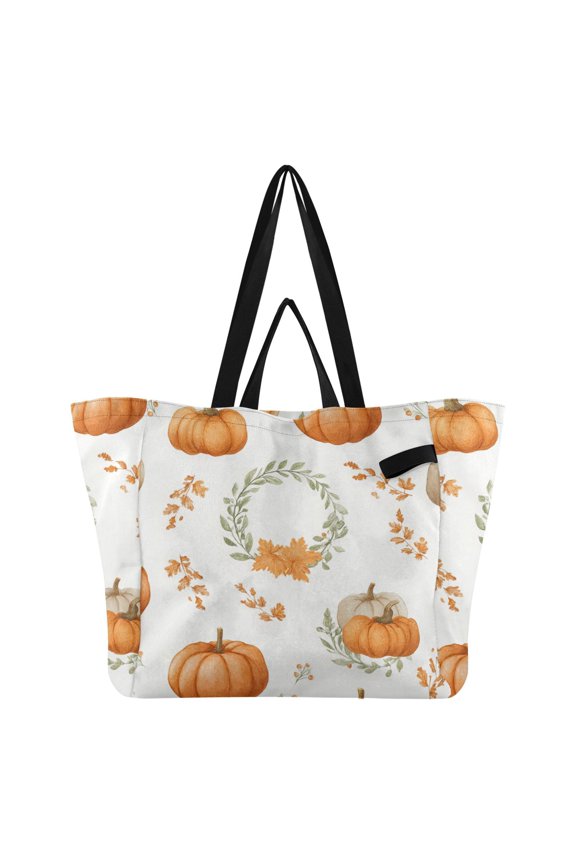 Thanksgiving Pumpkins Leaf Circle Foldable Canvas Tote Bags Reusable Grocery Bags Laundry Bags Beach Bag 32L