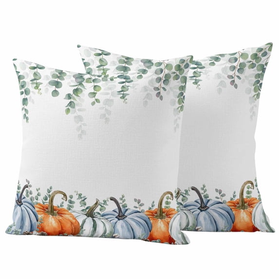 Thanksgiving Pumpkins Outdoor Waterproof Pillow Covers, Fall Eucalyptus Leaves Autumn Country Decorative Square Throw Pillowcase Sofa Cushion Sham for Patio/Couch/Chair, 18"x18" 2 Pack