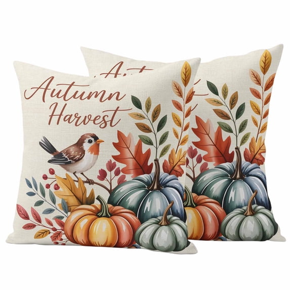 Thanksgiving Pumpkins Outdoor Waterproof Pillow Covers, Fall Leaves Autumn Country Bird Decorative Square Throw Pillowcase Sofa Cushion Sham for Patio/Couch/Chair, 20"x20" 2 Pack