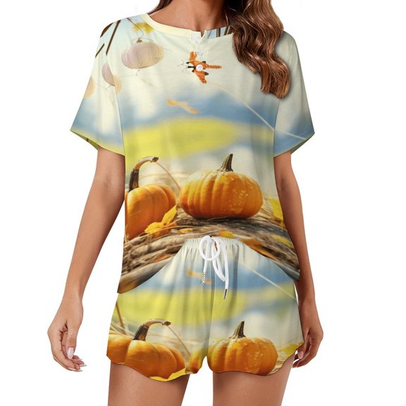 Thanksgiving Pumpkins Pajama Set for Women 2 Piece Sleepwear Loungewear Short Sleeve