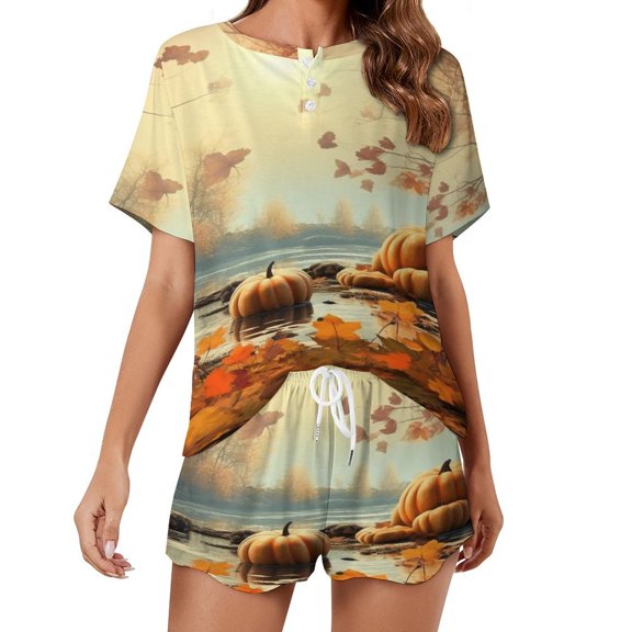 Thanksgiving Pumpkins Pajama Set for Women 2 Piece Sleepwear Loungewear Short Sleeve