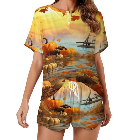 Thanksgiving Pumpkins Pajamas Set Womens Loungewear Sleepwear 2 Piece PJ Sets