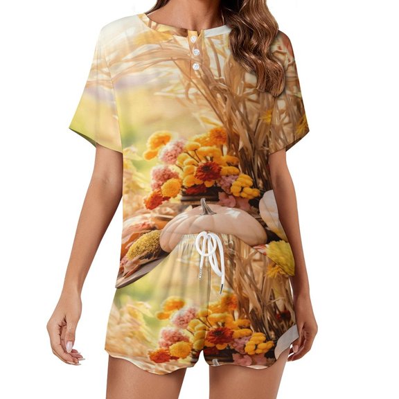 Thanksgiving Pumpkins Pajamas Set Womens Loungewear Sleepwear 2 Piece PJ Sets
