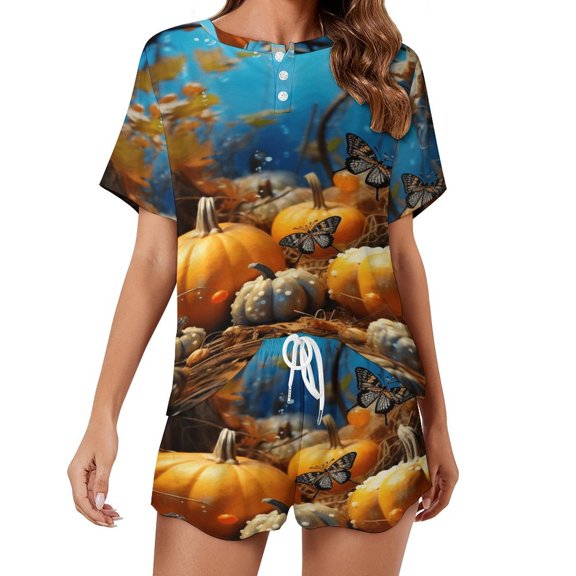 Thanksgiving Pumpkins Pajamas Set Womens Loungewear Sleepwear 2 Piece PJ Sets