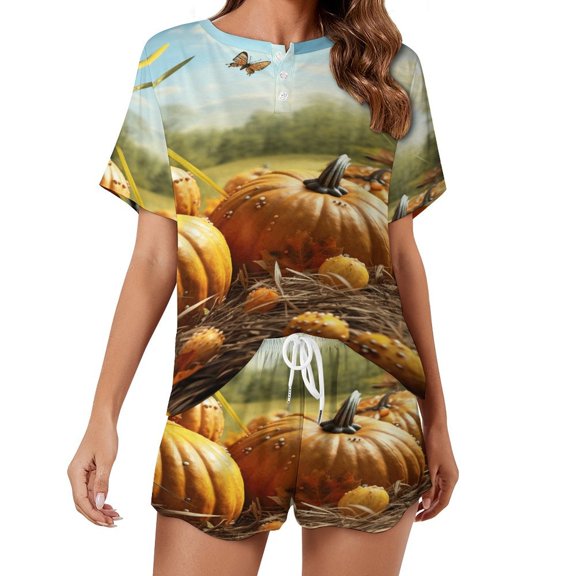 Thanksgiving Pumpkins Pajamas Set Womens Loungewear Sleepwear 2 Piece PJ Sets