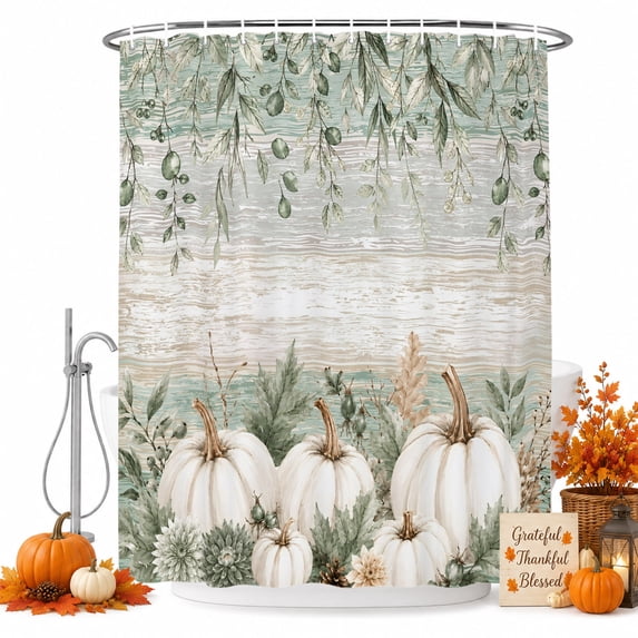 Thanksgiving Pumpkins Shower Curtain, Waterproof Shower Curtains for Bathroom, Fall Eucalyptus Leaf Rustic Wooden Washable Fabric Bathtub Curtain Set Bath Decor with 12 Hooks Stall 36"x72"