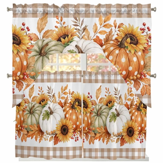 Thanksgiving Pumpkins Swag Kitchen Curtains Sets for Windows 24 Inch Length, Fall Maple Leaves Berries Tan Check Short Window Curtain Panels Swags Valances and Tiers 3 Piece Set for Cafe/Dining Room