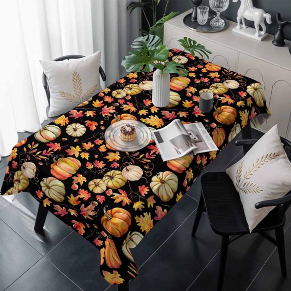 Thanksgiving Pumpkins Table Cloth Waterproof Tablecloths, Fall Maple Leaves Black Retro Country Tablecloth Dining Table Cover for Kitchen Party Tabletop Outdoor, Rectangle Tablecloth 60x120 Inch
