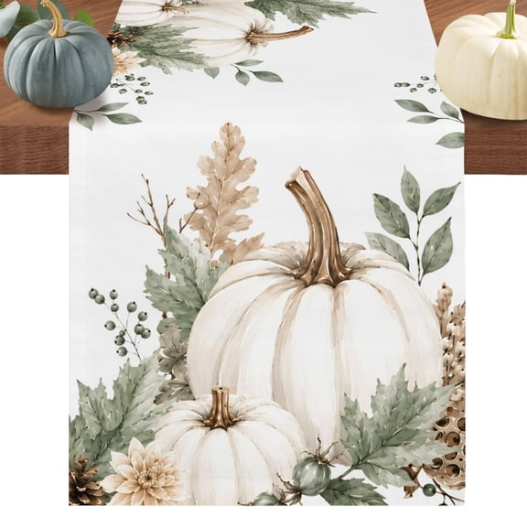 Thanksgiving Pumpkins Table Runner 72 Inches Long, Fall Eucalyptus Leaf Autumn Plants Cotton Linen Table Runners Dresser Scarves, Fabric Tabletop Scarf Furniture Cover for Dinner Party 13"x72"