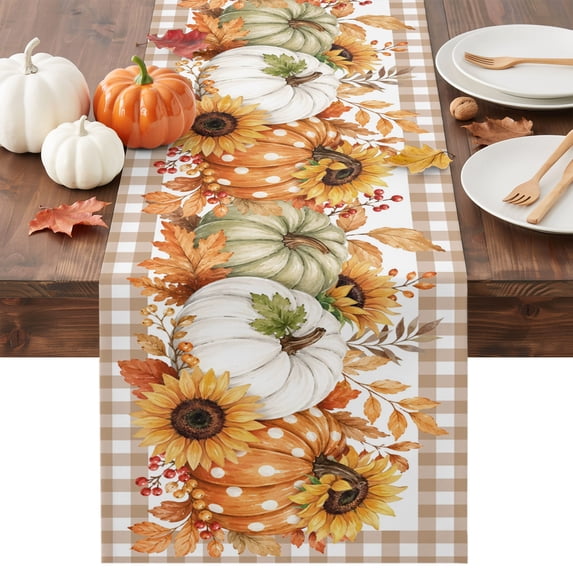Thanksgiving Pumpkins Table Runner - 90 Inch Long Fall Maple Leaves Berries Tan Check Cotton and Linen Blended Dress Scarves Farmhouse Table Runner for Kitchen Dining, Coffee Table, 13" x 90"