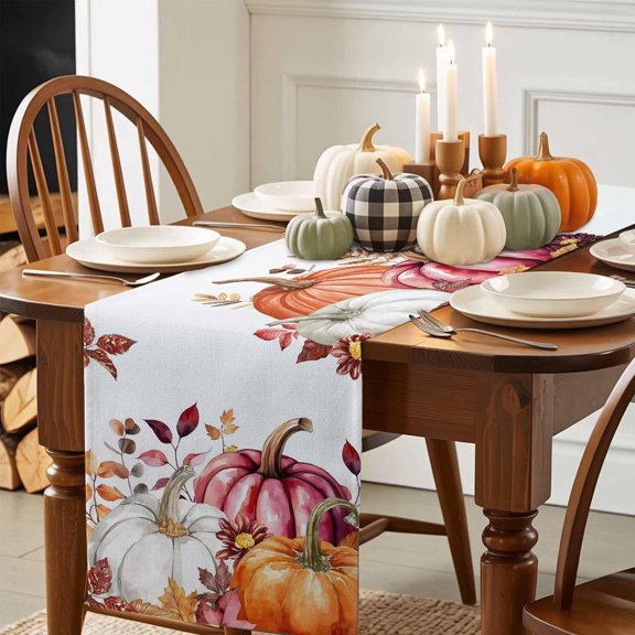 Thanksgiving Pumpkins Table Runner Fall Autumn Rustic Leaves Flowers Table Runners Dining Table Decoration for Kitchen Home Banquet Party Wedding 13" x 48"