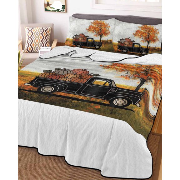 Thanksgiving Pumpkins Twin Size Down Alternative Comforter, Lightweight Comforter Quilt Bedding Set with Pillow Shams Fall Cart Yellow Tree Country Rustic Bed Comforter Duvet Insert 68"x86"