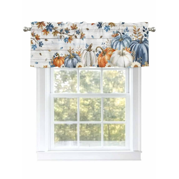 Thanksgiving Pumpkins Valances for Windows Fall Fallen Leaves Wood Texture Rod Pocket Curtains Valance Short Window Treatment Drapes for Living Room, Bedroom Bathroom 56" W x 16" L
